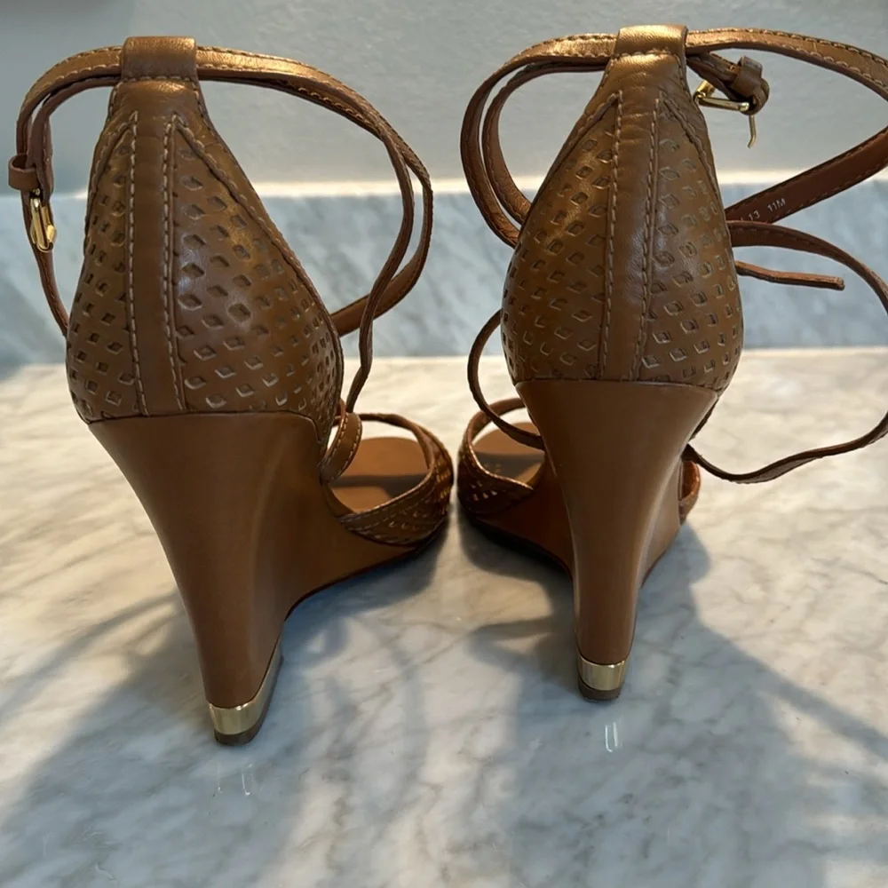 Tory Burch Tan Perforated Leather Wedge Sandals